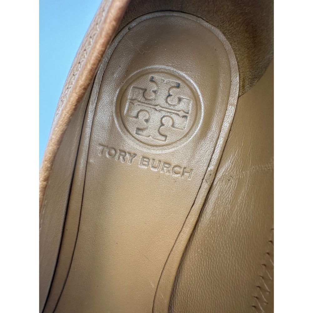 Tory Burch Sally Gold Peep Toe Wedge Heels Shoes Royal Tan‎ Leather 6.5 Designer - Picture 10 of 12